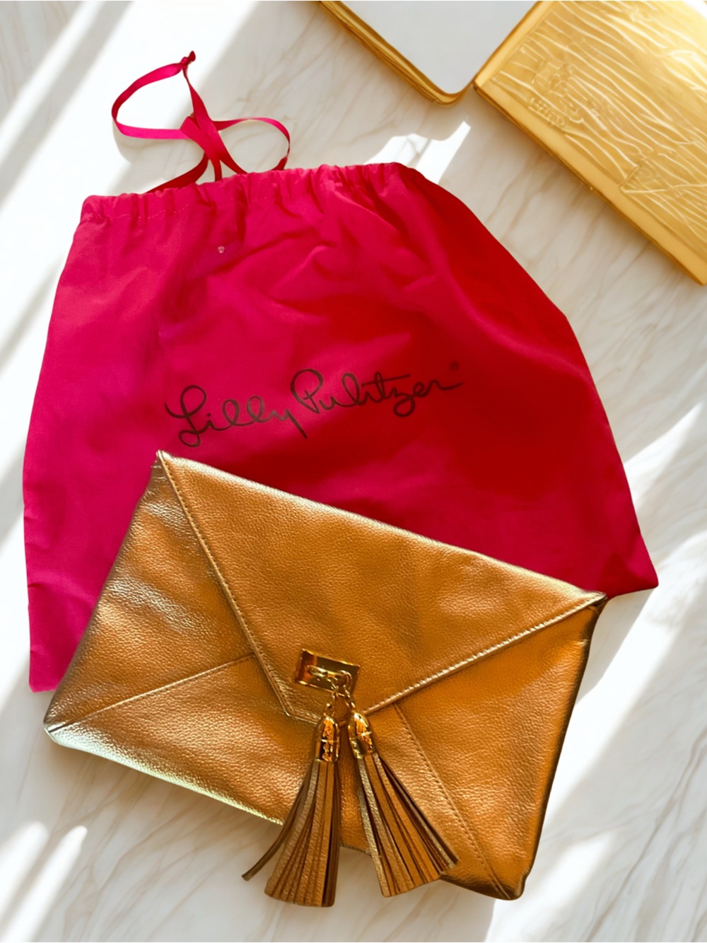Lilly Pulitzer Metallic Gold Envelope Clutch with Tassels